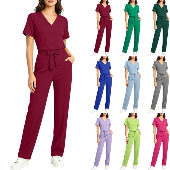 Purcolt Scrub Sets for Women Comfort V Neck Short Sleeve Tops and Drawstring Elastic Waisted Pants with Pockets for Nurse Esthetician Workwear