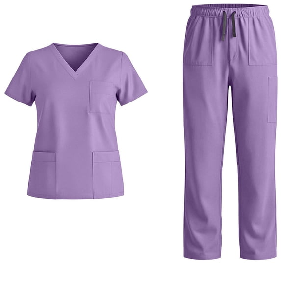 Purcolt Scrub Sets for Women Comfort V Neck Short Sleeve Tops and Elastic Waisted Straight Leg Pants with Pockets for Nurse Esthetician Workwear