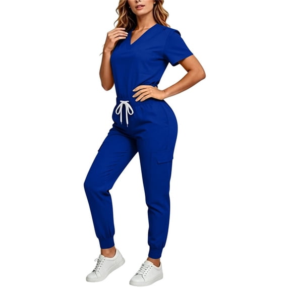 Purcolt Scrub Sets for Women Stretchy V Neck Tops and Drawstring Tapered Jogger Pants Comfort Medical Uniforms Sets for Nurse Esthetician Workwear
