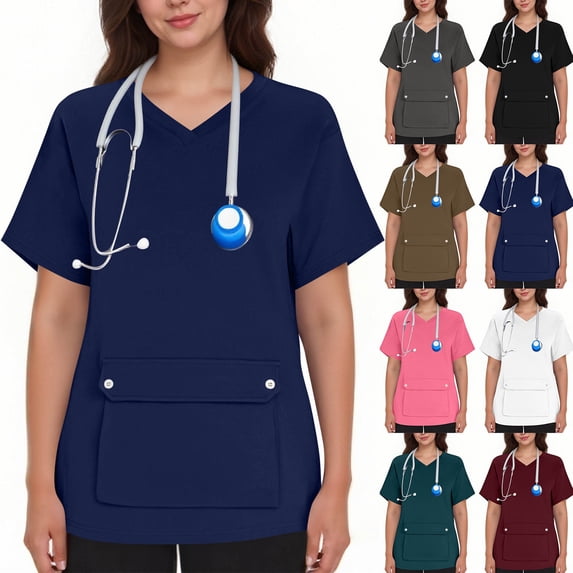 Purcolt Scrub Tops for Women with Front Flap Pocket Short Sleeve V Neck Casual Shirt Medical Nurse Uniform Easy Care Scrubs