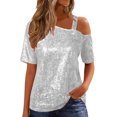 thumbnail image 1 of Purcolt Sequin Tops for Women Sparkly Shinny Off The Shoulder Summer Loose Fit Short Sleeve Shirt Trendy Glitter T Shirts, 1 of 9