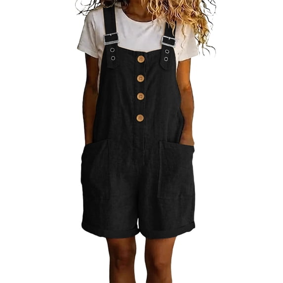 Purcolt Short Overalls for Women Summer Casual Square Neck Adjustable Strap Button Down Baggy Bib Jumpsuit Comfort Loose Fit Wide Leg Romper With Pockets