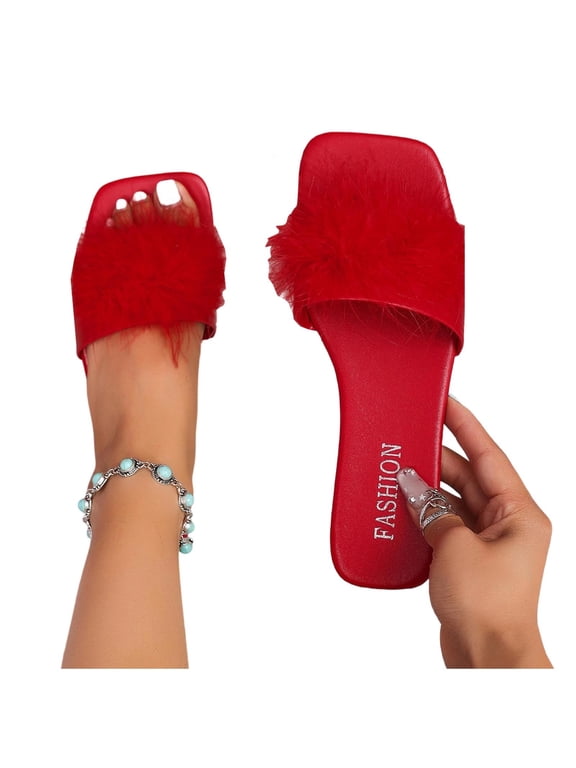 Slippers for Women Dressy Elegant Faux Fur Straps Square Open Toe Slip‑On Slide Sandals Comfort Casual PU Leather Cushioned Insole Flat Slippers