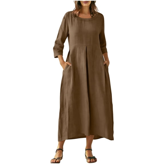 Purcolt Summer Dresses for Women 3/4 Sleeve Cotton Linen Midi Dress Casual Pleated Crew Neck Sundress Flowy A Line Dress for Beach Vacation Party