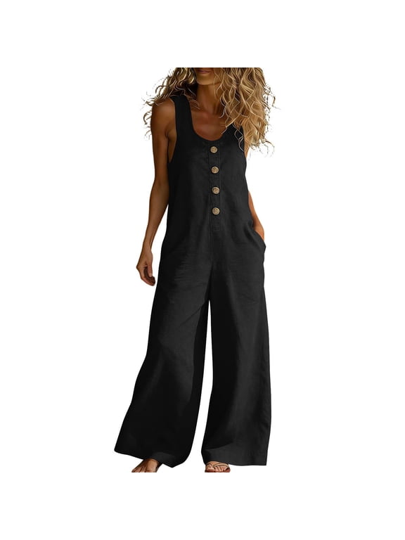 Summer Jumpsuits for Women Button Down Sleeveless Casual Jumpers Loose Wide Legs Rompers Overalls with Pockets