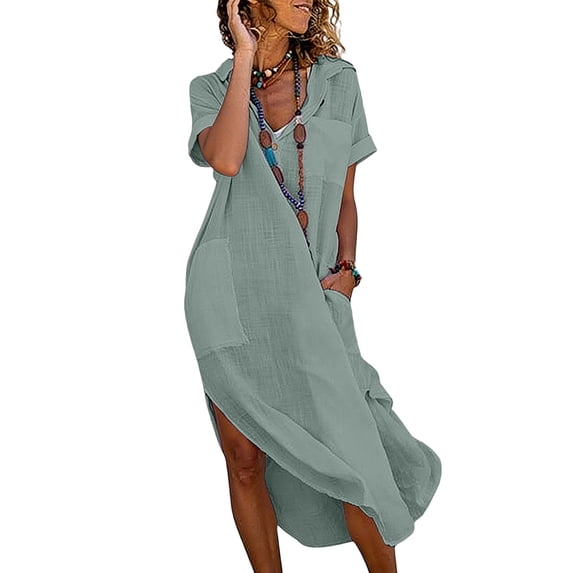 Purcolt Summer Maxi Dresses for Women Oversized V Neck Collared Short Sleeve Sundress Casual Beach Dress Boho Long Swim Coverups with Pockets