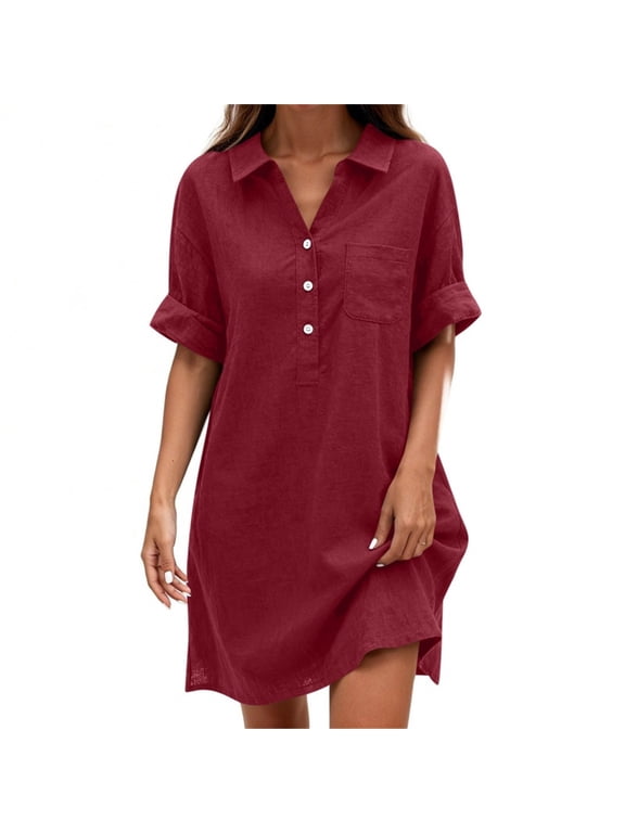 Summer Mini Dresses for Women V Neck Collared Short Sleeve Sundress Casual Beach Dress Boho Short Shirt Dress with Pockets