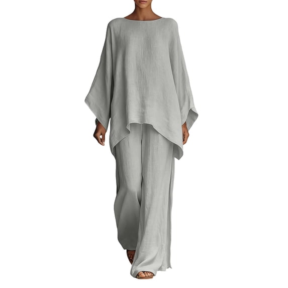 Purcolt Summer Outfits for Women 2 Piece Sets Long Sleeve Irregular Top Wide Leg Palazzo Pants Lounge Flowy Set
