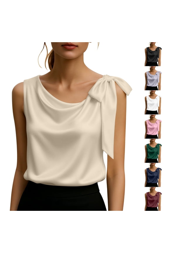 Tank Tops for Women Dressy Casual Silk Satin Cowl Neck Bow Sleeveless Crop Tops Summer Elegant Tunic Tops Blouses for Business Work Office