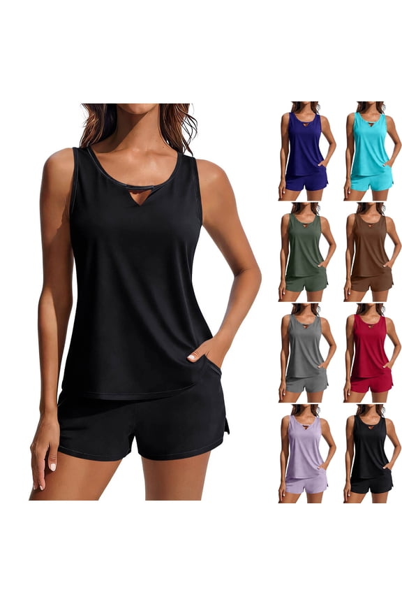 Tankini Swimsuit for Women Modest Keyhole Neck Two Piece Bathing Suit Quick Dry Tummy Control High Waisted Boyshorta Swimwear