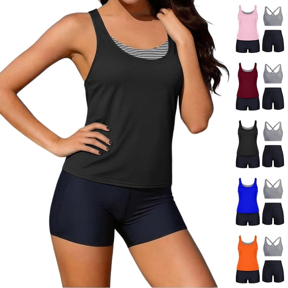 Purcolt Tankini Swimsuits for Women Stripes 3 Piece Swim Sets Tank Tops with Bra and Boyshorts Tummy Control Modest Bathing Suits Athletic Swimwear