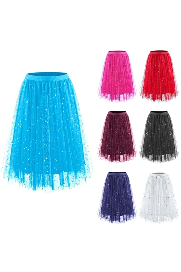 Tulle Skirts for Women Elastic High Waisted Mesh Tiered Layered Fairy Skirt Sparkly Sequin A-Line Casual Flowy Midi Long Skirt