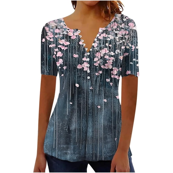 Purcolt Tunic Tops for Women Loose Fit Dressy Button V Neck Shirts Short Sleeve Tshirt Retro Print Summer Blouse