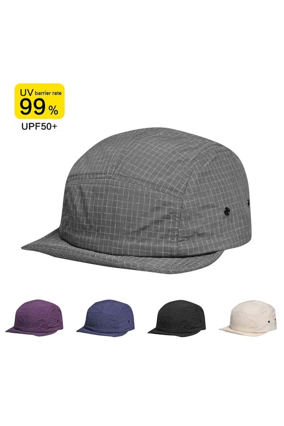 Unisex 5 Panel Flat Brim Baseball Caps Vintage Washed Plaid Bill Trucker Hats Short Brim Strapback Hip Hop Biker Board Cap