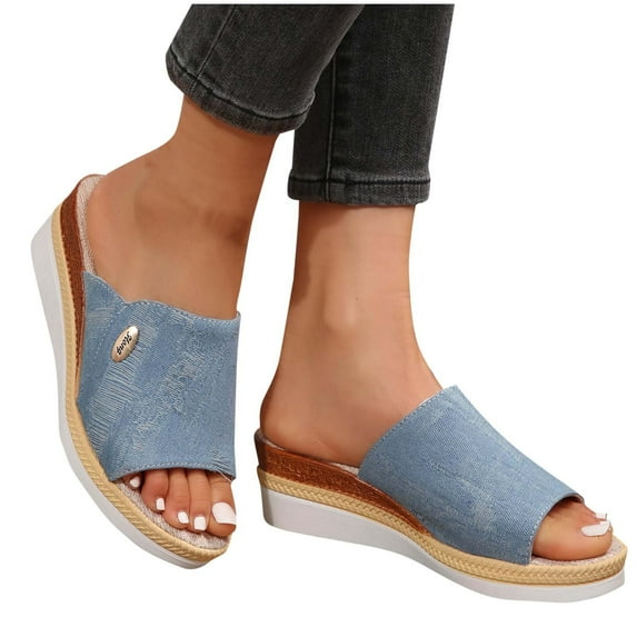 Purcolt Wedge Sandals For Women Summer Open Toe Slip On Cloth Slippers Comfortable Beach Vaction Sandals