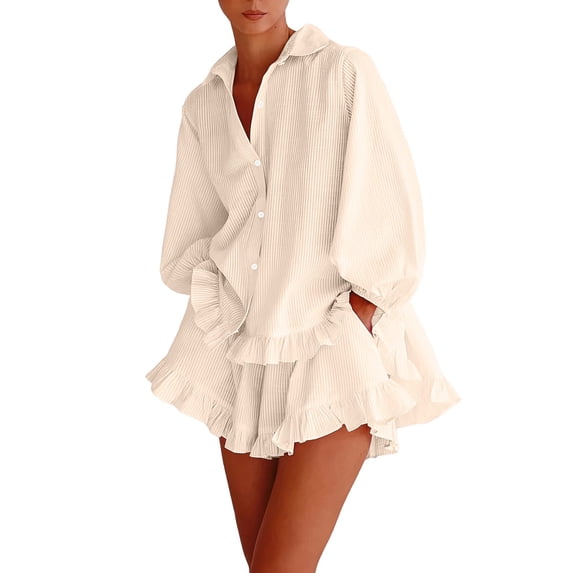 Purcolt Women 2 Piece Matching Set Dressy Casual Stripes Collared Long Sleeve Button Down Shirts Wide Leg Shorts Loose Fit Work Office Outfits with Ruffled Trim