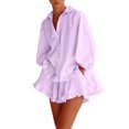 thumbnail image 1 of Purcolt Women 2 Piece Matching Set Dressy Casual Stripes Collared Long Sleeve Button Down Shirts Wide Leg Shorts Loose Fit Work Office Outfits with Ruffled Trim, 1 of 8