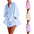 thumbnail image 1 of Purcolt Women 2 Piece Matching Set Dressy Casual Stripes Collared Long Sleeve Button Down Shirts Wide Leg Shorts Loose Fit Work Office Outfits with Ruffled Trim, 1 of 8