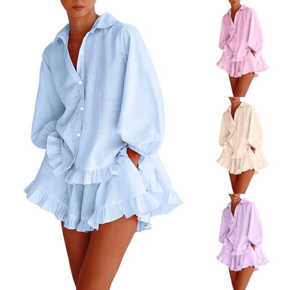 Purcolt Women 2 Piece Matching Set Dressy Casual Stripes Collared Long Sleeve Button Down Shirts Wide Leg Shorts Loose Fit Work Office Outfits with Ruffled Trim