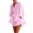 thumbnail image 1 of Purcolt Women 2 Piece Matching Set Dressy Casual Stripes Collared Long Sleeve Button Down Shirts Wide Leg Shorts Loose Fit Work Office Outfits with Ruffled Trim, 1 of 8
