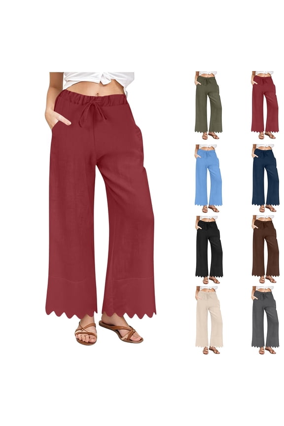 Women Cotton Linen Pants Summer Casual Wide Leg Elastic Waist Scalloped Hem Palazzo Pants Loose Fit Trousers Lounge Pants with Pockets