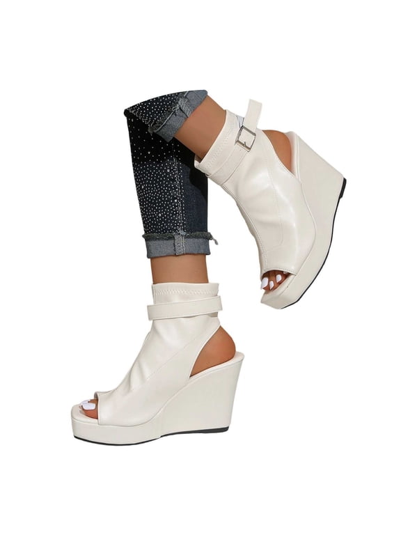 Women Open Square Toe Ankle Boots Lightweight Comfort Adjustable Buckle Strap Back Cutout Wedge Heel Short Boots Summer Beach Vacation Thick Sole Booties