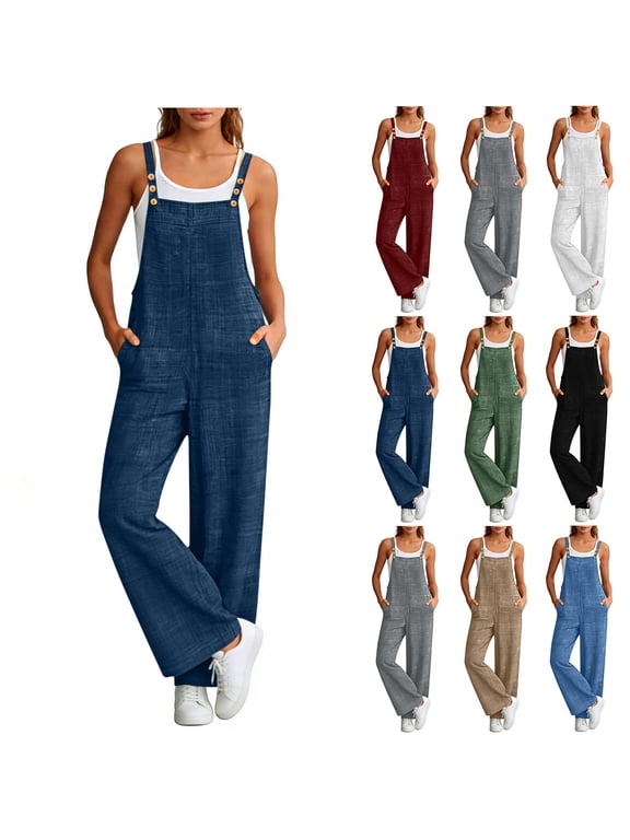 Women Overalls Trendy Adjustable Strap Straight Leg Jumpsuits Summer Casual Loose Fit Baggy Bib Suspender Rompers Outfits with Pockets