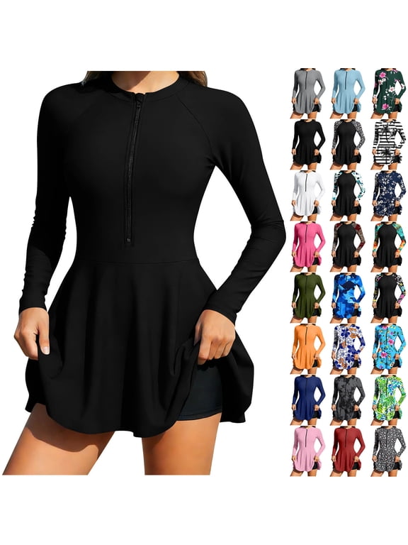 Women UPF 50+ Sun Protection Swimsuit Long Sleeve Front Zippered Full Coverage One Piece Swimdress Surfing Bathing Suit with Boyshorts