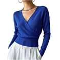 thumbnail image 1 of Purcolt Women Wrap V Neck Ribbed Knit Top Long Sleeve Slim Waist Casual Cropped Sweater, 1 of 8