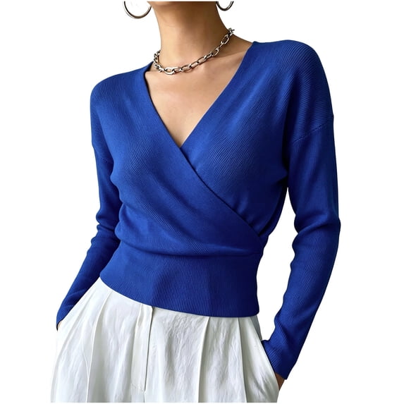 Purcolt Women Wrap V Neck Ribbed Knit Top Long Sleeve Slim Waist Casual Cropped Sweater