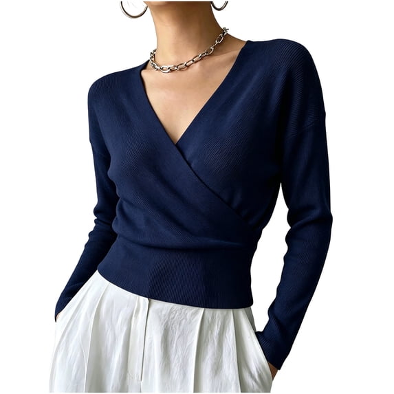 Purcolt Women Wrap V Neck Ribbed Knit Top Long Sleeve Slim Waist Casual Cropped Sweater