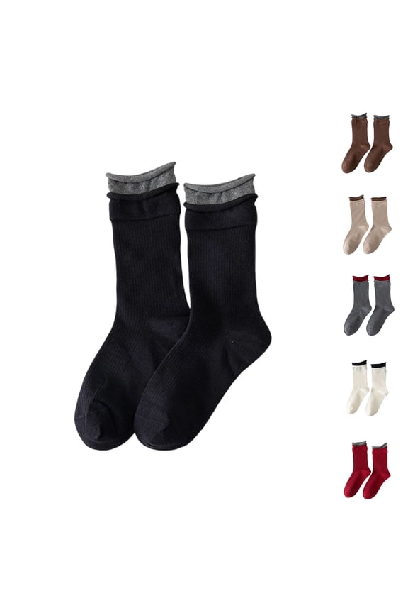 Women's 1PC Two-Tone Rolled Cuff Crew Socks Lightweight Comfort Ribbed Knit Mid Calf Socks for Casual and Everyday Wear