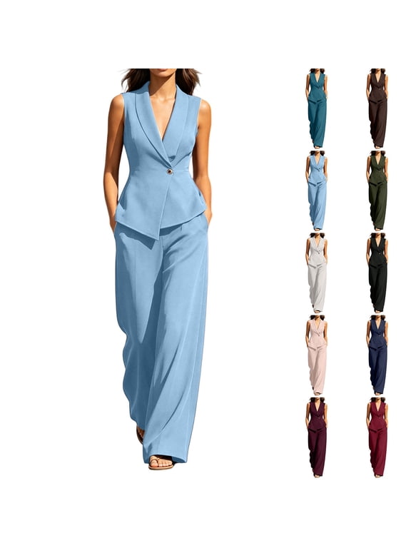 Women's 2 Piece Outfits Sleeveless Suit Vest and Wide Leg Pants Business Casual Blazer Sets Matching Work Office Outfits