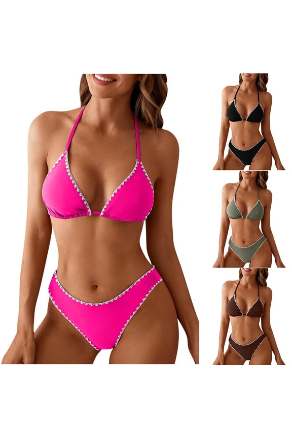 Women's 2 Piece Swimsuit Deep V Neck Halter Triangle String Bikini Sets with Bottom Mid Rise Bathing Suit Quick Dry Tummy Control Swimwear