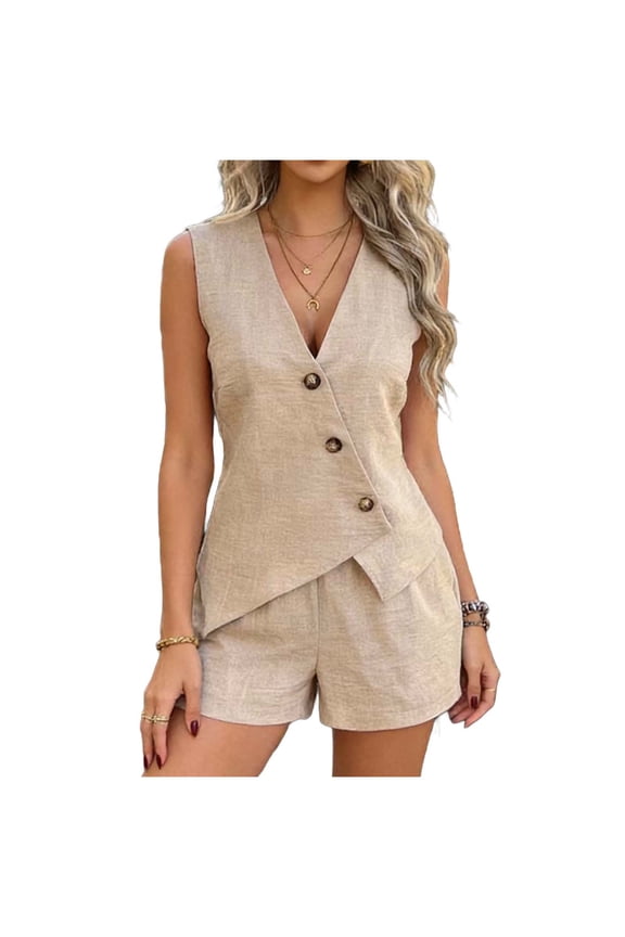 Women's 2 Piece Vest and Shorts Sets Asymmetric Buttons V-Neck Sleeveless Matching Outfits Casual Summer Vacation Sets, S-XXL