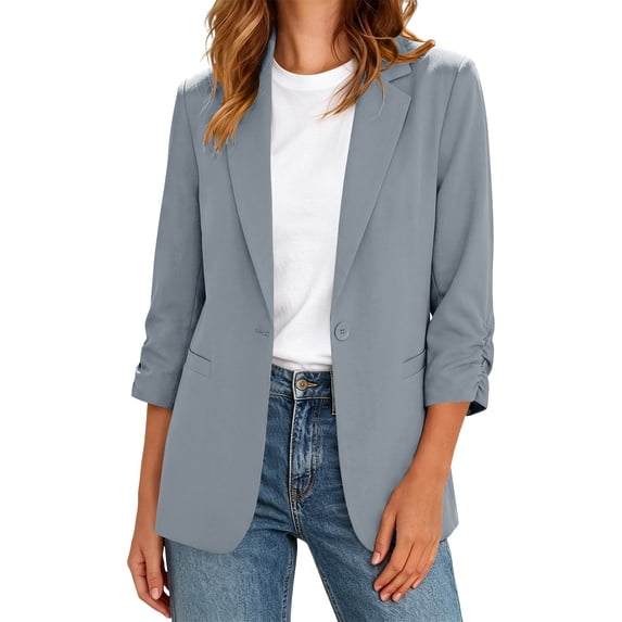 Purcolt Women's Blazers Ruched 3/4 Sleeve Business Casual Open Front Lapel Collar Work Office Suit Jacket