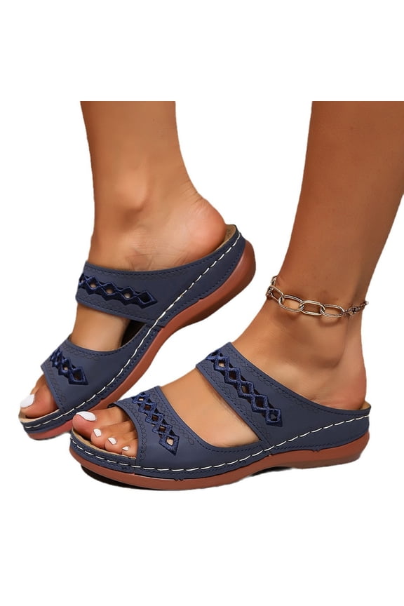 Women's Boho Faux PU Leather Flat Sandals Summer Comfortable Two Braid Band Straps Open Toe Slippers with Arch Support