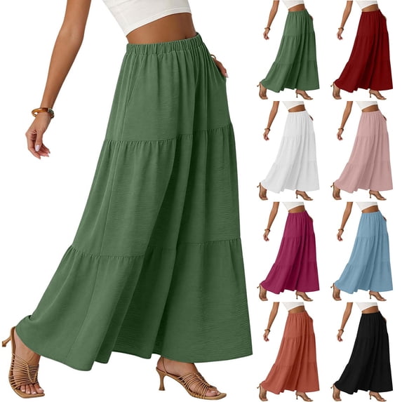 Purcolt Women's Boho Flowy Maxi Skirt Elastic Waist Flared Ruffle Tiered A Line Spring Summer Beach Long Skirts with Pockets