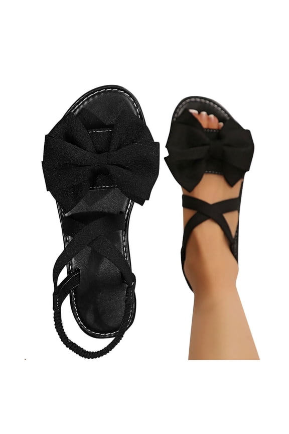 Women's Bow Crisscross Sandals Cute Comfort Open Toe Non Slip Flat Sandals Dressy Summer Beach Ankle Strap Dress Shoe