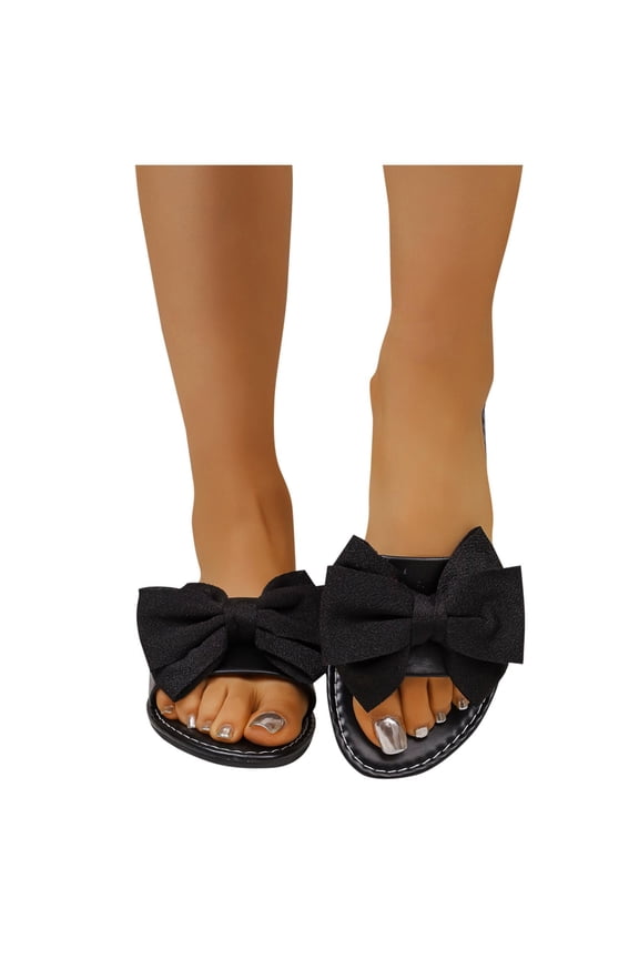 Women's Bow Flat Sandals Soft Round Toe Slides Open Toe Summer Slippers Comfortable Cute Slip On Sandals for Beach, Wedding, Vacati On