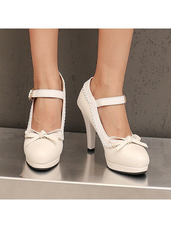 Women's Bow Mary Jane Shoes Cute Pointed Toe High Heels Pumps Summer PU Leather Sweet Dress Shoes for Party Club Wedding