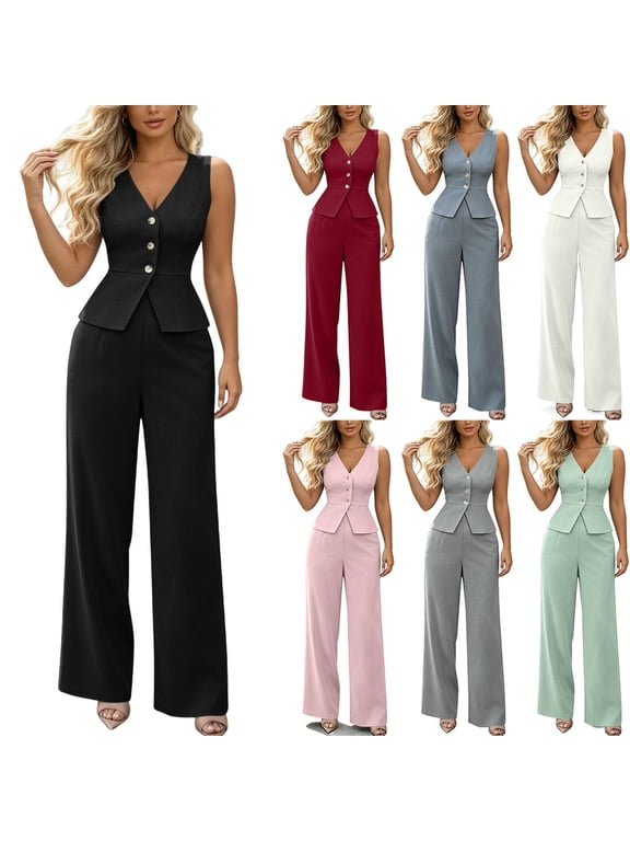Women's Business Casual 2 Piece Outfits Sleeveless Button Down V-Neck Peplum Suit Vest & Wide Leg Pants Work Office Formal Blazer Sets, S-XXXL