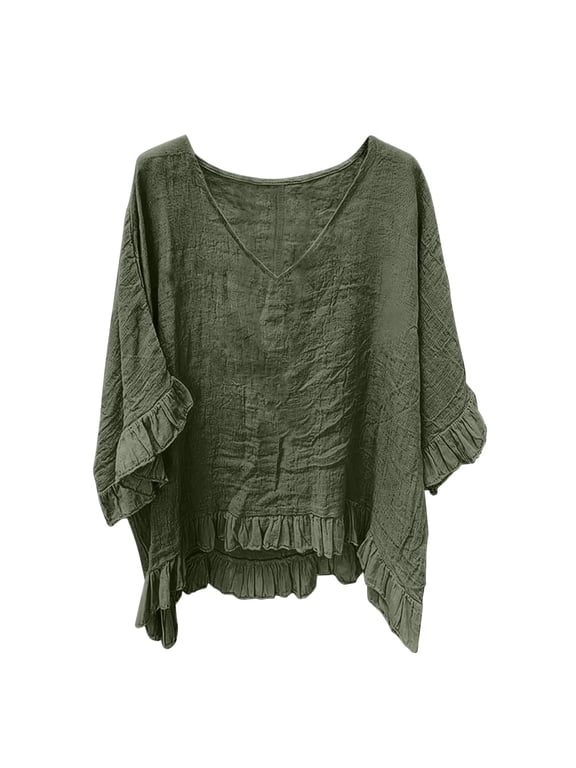 Women's Casual Boho Tops Plus Size V Neck 3/4 Sleeve Ruffled Oversized T Shirts Summer Beach Loose Fit Blouses S-5XL