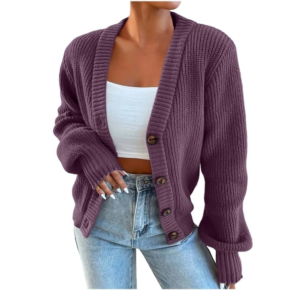 Purcolt Women's Chunky Knit Open Front Cardigan Sweaters V Neck Button Down Loose Short Cardigan Fall Outerwear Coats
