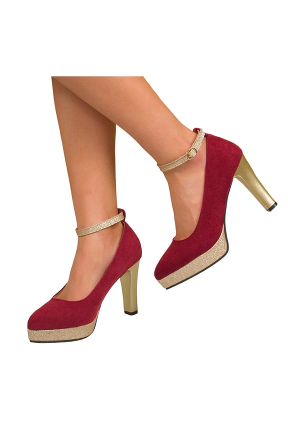 Women's Chunky Sole Heeled Pumps Elegant Faux Suede Color Block Pointed Toe High Block Heel Dress Shoes with Ankle Strap