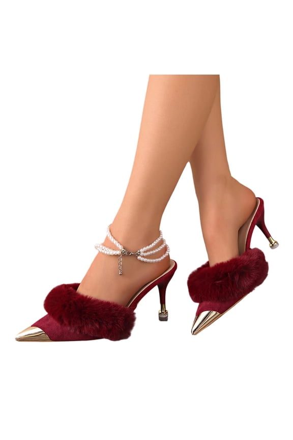 Women's Closed Pointed Toe Sandals Elegant Fuzzy Stilettos Heels Comfort Slip on Pumps for Work Commute Daily Wear