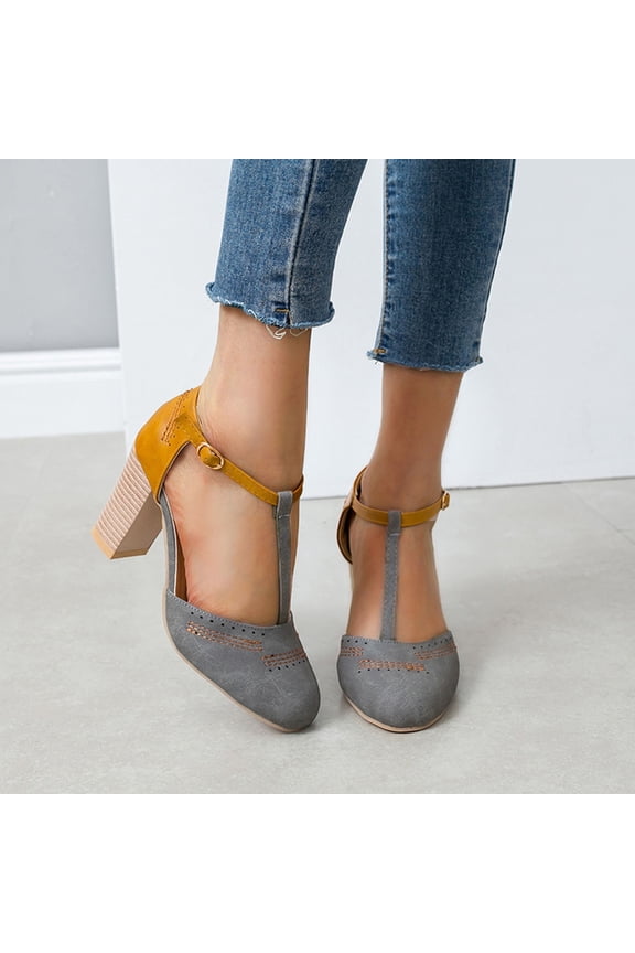 Women's Color Block T-Strap Pumps Dressy Casual Closed Toe Ankle Strap Buckle High Heels Soft Vintage Dress Shoes for Party Wedding