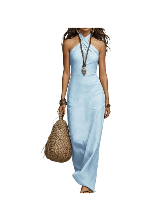 Women's Cotton Halter Neck Sleeveless Maxi Dress Slim Formal Plain Summer Sundress Wedding Party Festival Dresses
