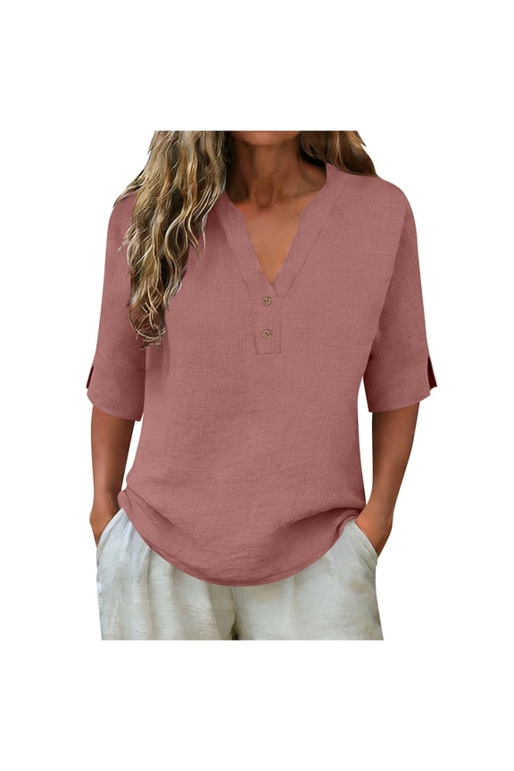 Women's Cotton Linen Tops Breathable V Neck Half Sleeve Shirts Summer Casual Curved Hem Loose Fit Blouses for Beach Party Vacation