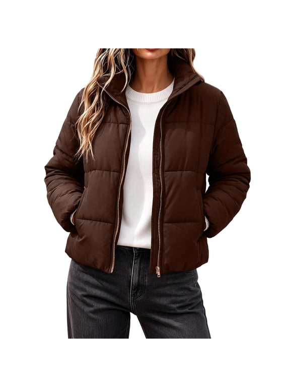 Women's Cropped Puffer Jacket Stand Collar Long Sleeve Lightweight Full Zip Short Quilted Padded Winter Coat Casual Warm Puffy Outerwear
